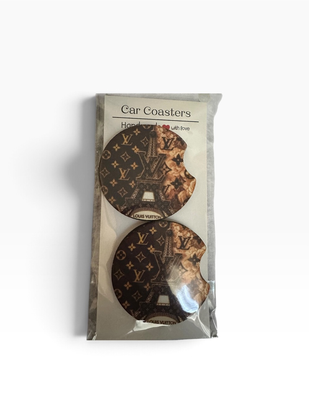 Handmade  Brown Monogram Car Coasters with Eiffel Tower Design - Brown
